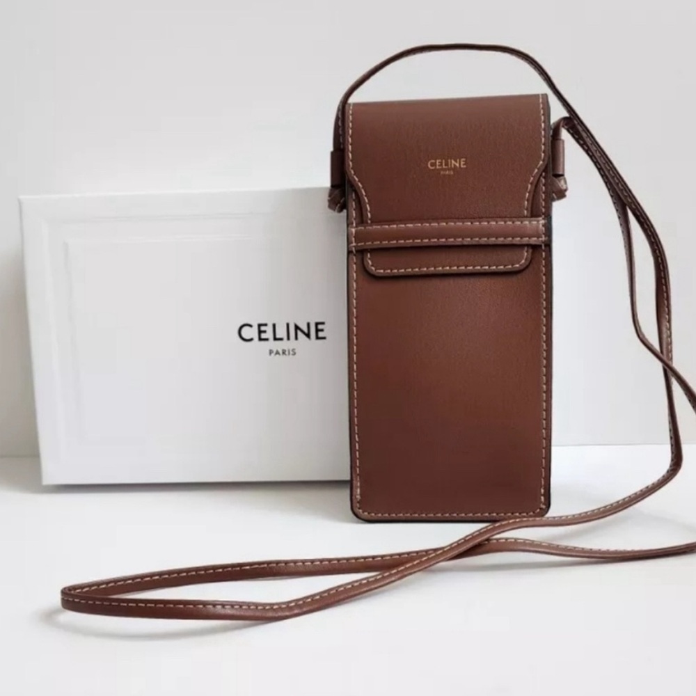 CELINE Whiskey Brown Leather Crossbody Sunglasses Bag 7x3 NEW BOX